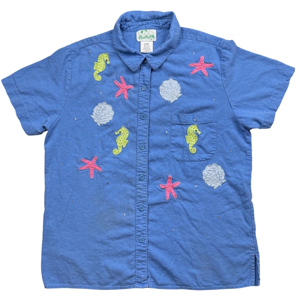 The Quarter‎ Factory Embroidered Seahorse Shell Shirt Blue Linen Rayon Large